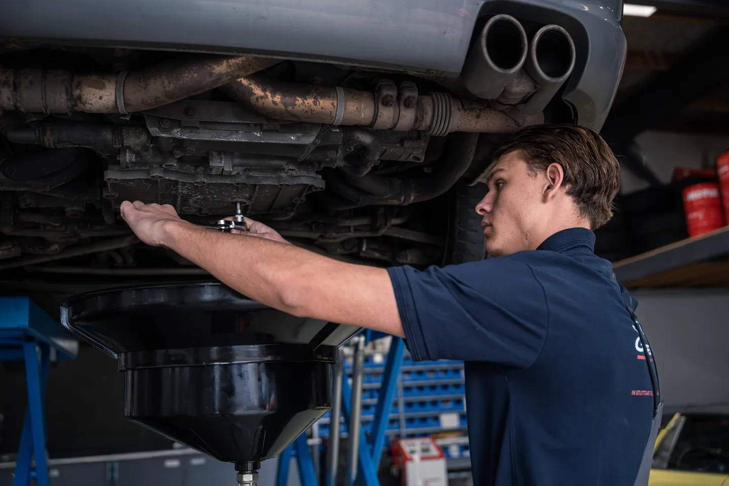 Servicing a car on a lift