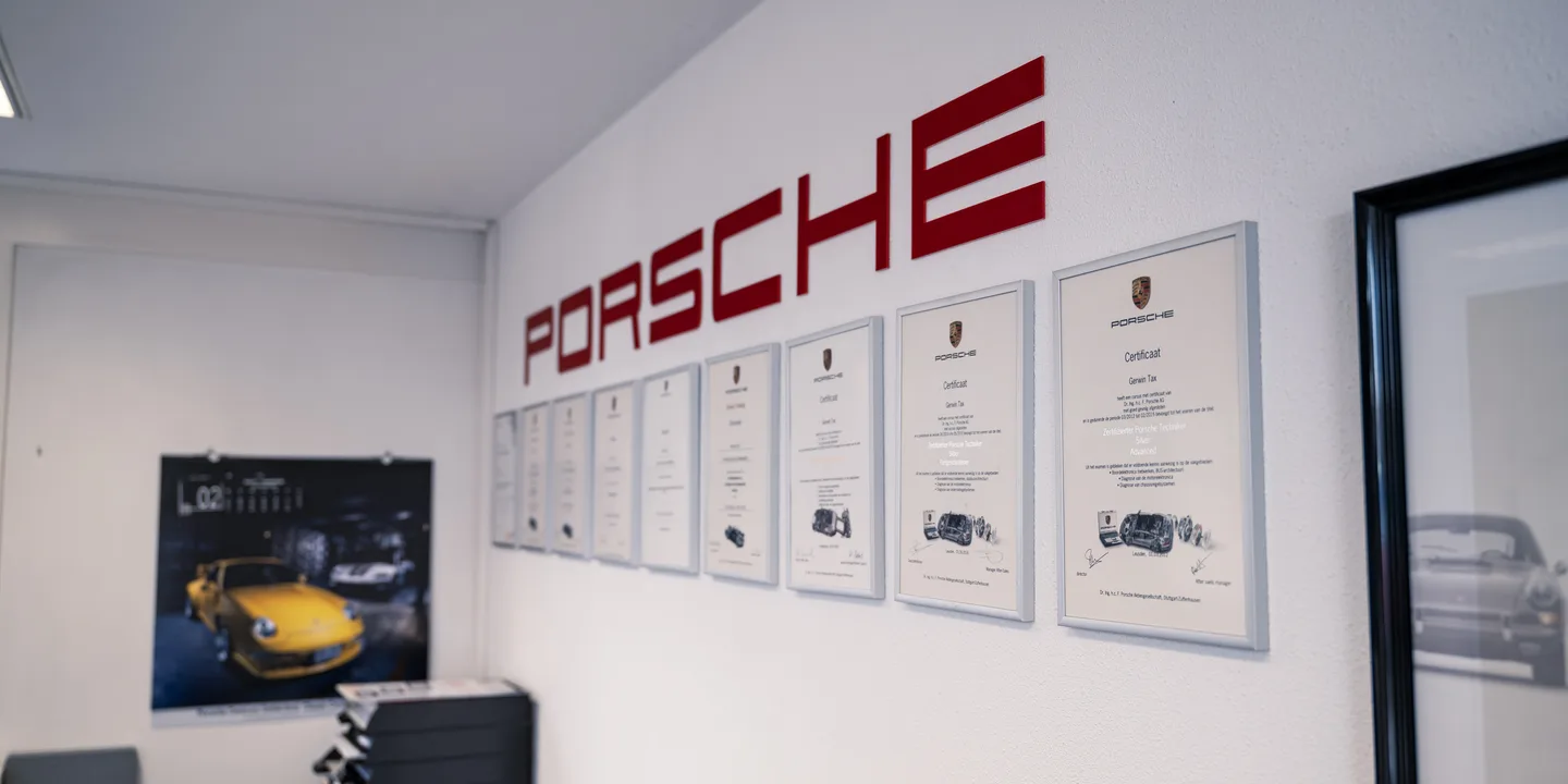 Porsche display inside the GTAX Repair office
