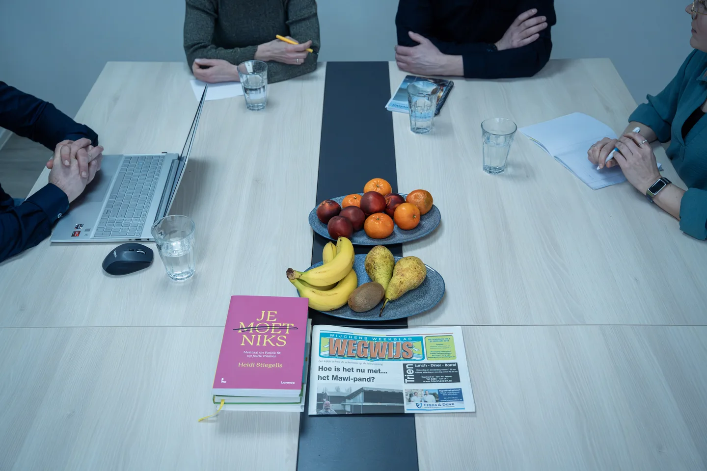 Overhead view of a table during a team meeting