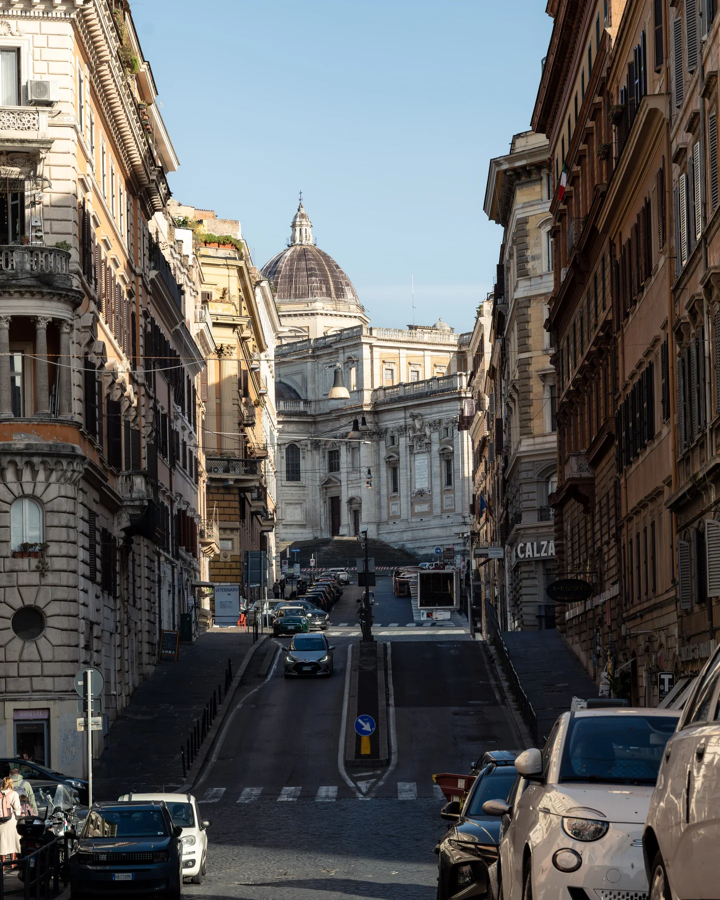 Street view towards monumental architecture in Rome
